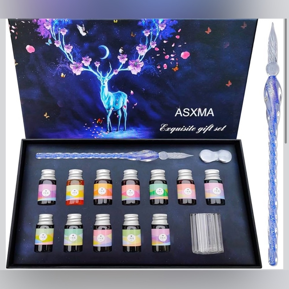 NEW Glass Dip Calligraphy Pen Set-14 Pieces-12 Color Inks With Pen & Holder